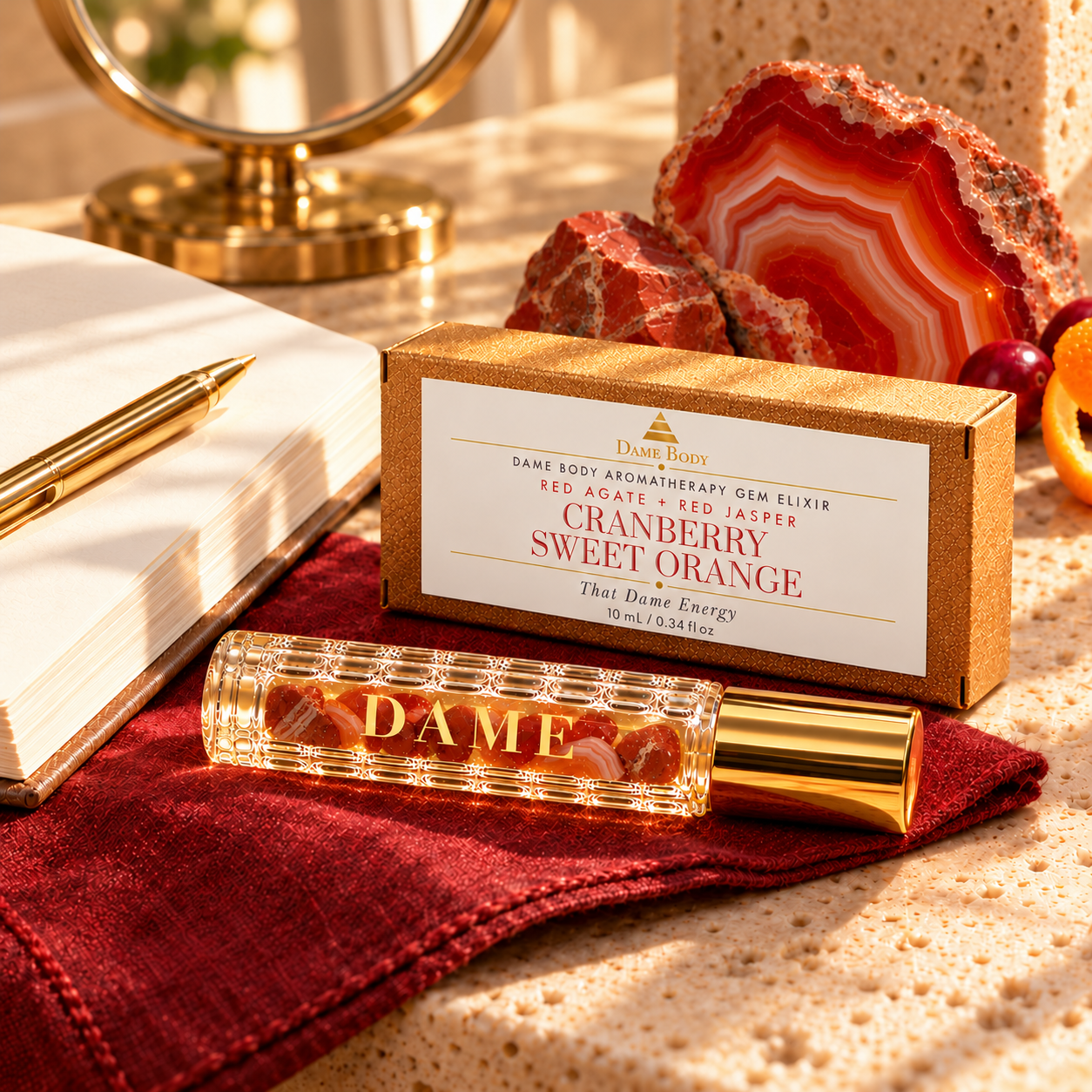 Cranberry Sweet Orange roller and labeled kraft box on cranberry linen beside a cream journal, gold pen, brass mirror, Red Agate and Red Jasper.