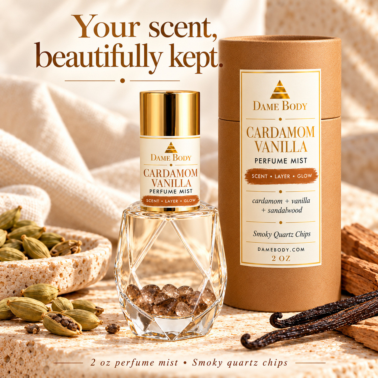 Cardamom Vanilla Perfume and matching bronze-accented kraft tube labeled Smoky Quartz Chips.