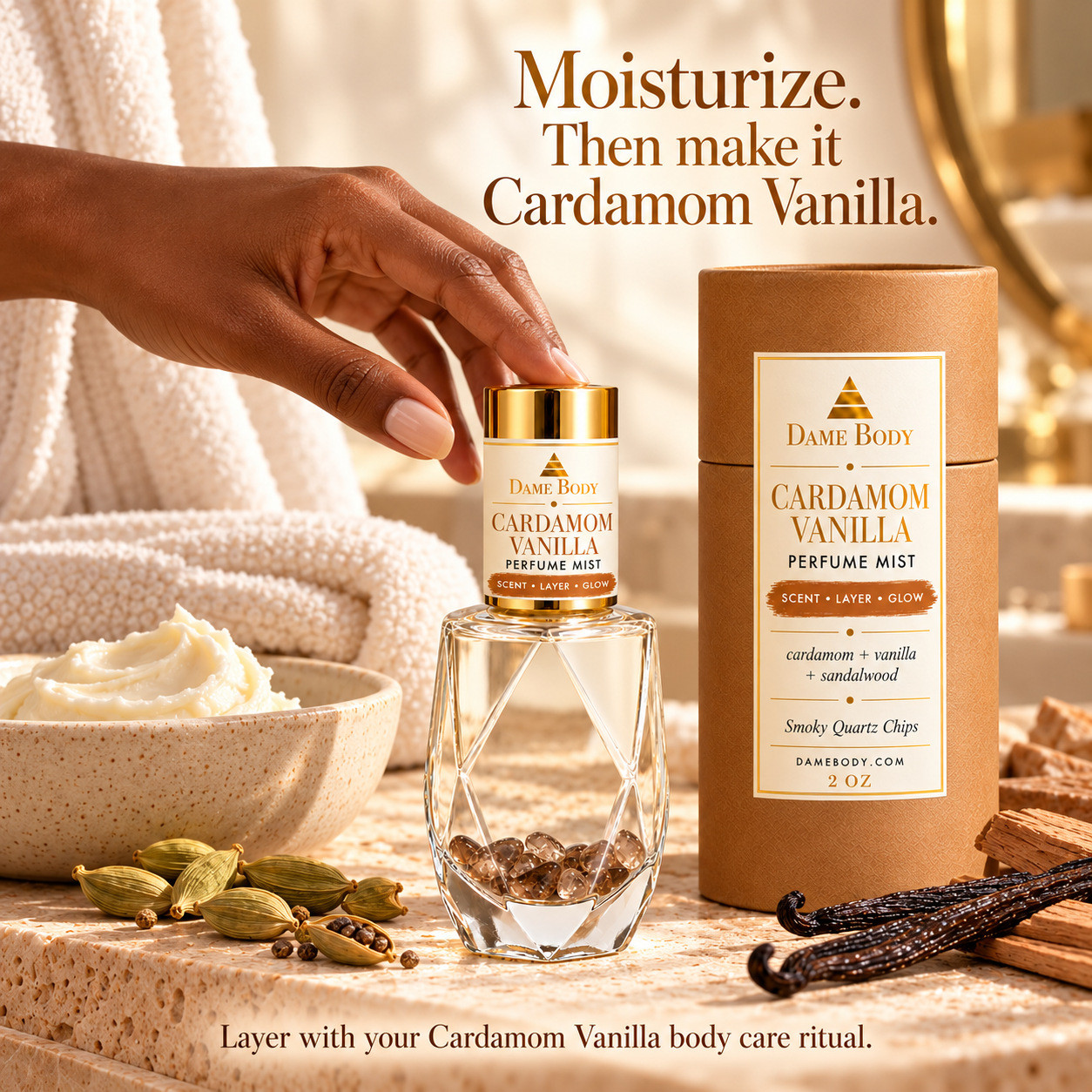 Cardamom Vanilla Perfume with smoky quartz beside a body butter dish and cream towel for an after-shower scent ritual.