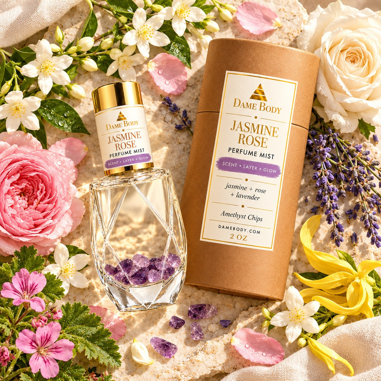 Jasmine Rose Perfume aroma flat lay with amethyst chips, jasmine, rose, lavender, geranium and ylang ylang.