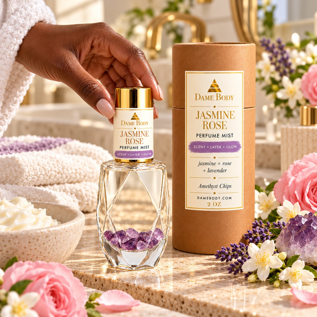 Jasmine Rose Perfume with amethyst beside a body butter dish and cream towel for an after-shower scent ritual.