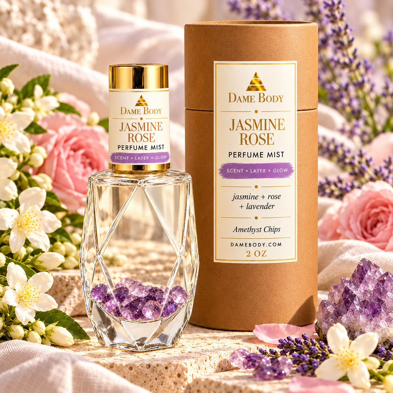 Jasmine Rose Perfume and matching lavender-accented kraft tube labeled Amethyst Chips.