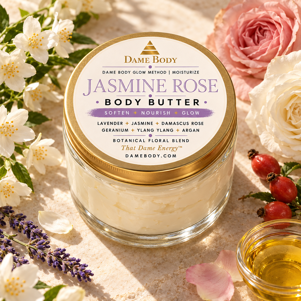 Jasmine Rose Body Butter with its approved lavender-purple and gold Dame Body label among white jasmine, white and Damascus roses, lavender, rosehip and golden oil.