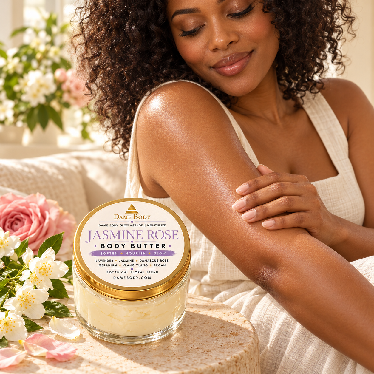 Adult Black woman enjoying a soft, cared-for skin finish beside Jasmine Rose Body Butter with its lavender-purple label.