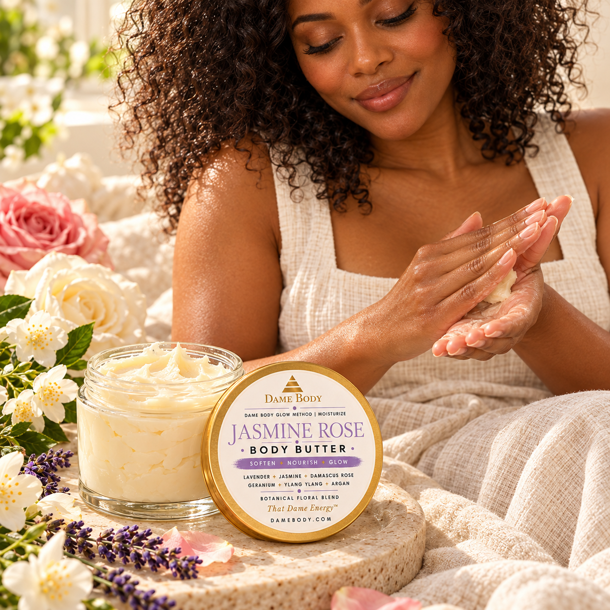 Adult Black woman gently warming Jasmine Rose Body Butter between her palms beside the open jar and lavender-purple labeled lid.