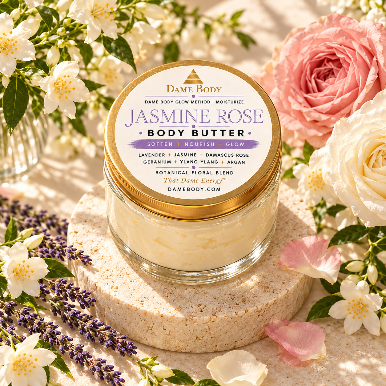 Jasmine Rose Body Butter in a romantic floral aroma scene with white jasmine, white rose, Damascus rose and lavender.