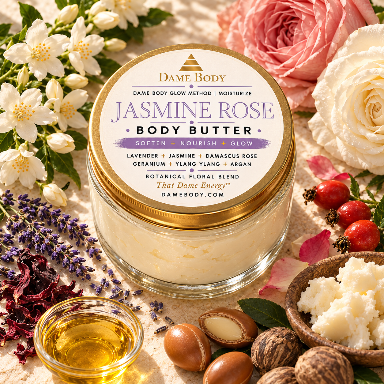 Jasmine Rose Body Butter with white jasmine, white and Damascus roses, lavender, hibiscus, rosehips, argan and shea botanicals.