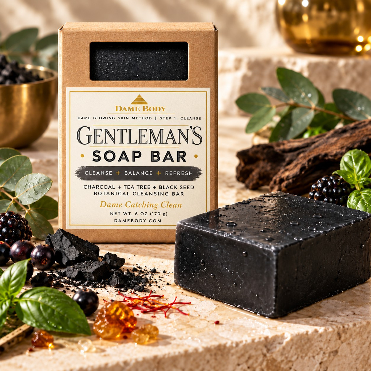 Gentleman&rsquo;s 6 oz black charcoal Soap Bar beside its kraft window box with the refreshed cream, gold and charcoal Dame Body label.
