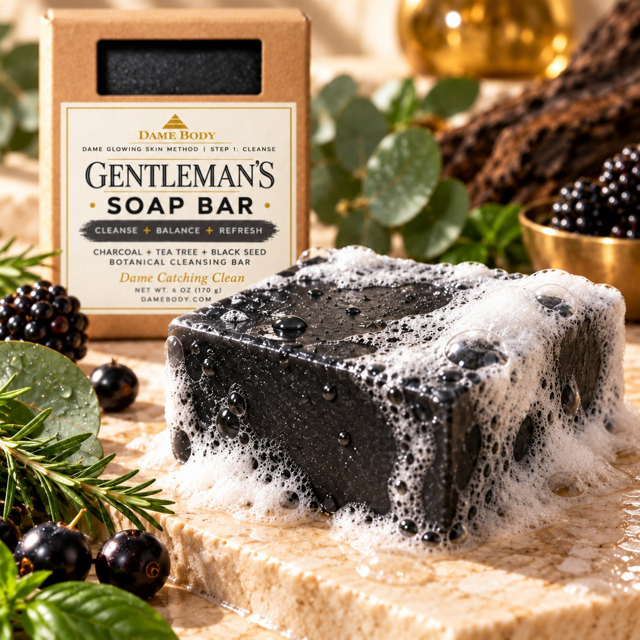 Gentleman&rsquo;s black charcoal Soap Bar with creamy white lather and water droplets, beside its refreshed cream-and-gold box.