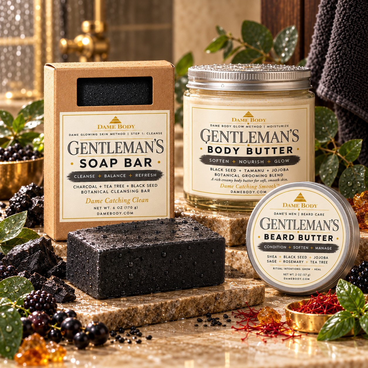 Gentleman&rsquo;s Soap Bar, Body Butter in a silver-lid glass jar and Beard Butter in a silver tin, all with matching cream, gold and charcoal labels.