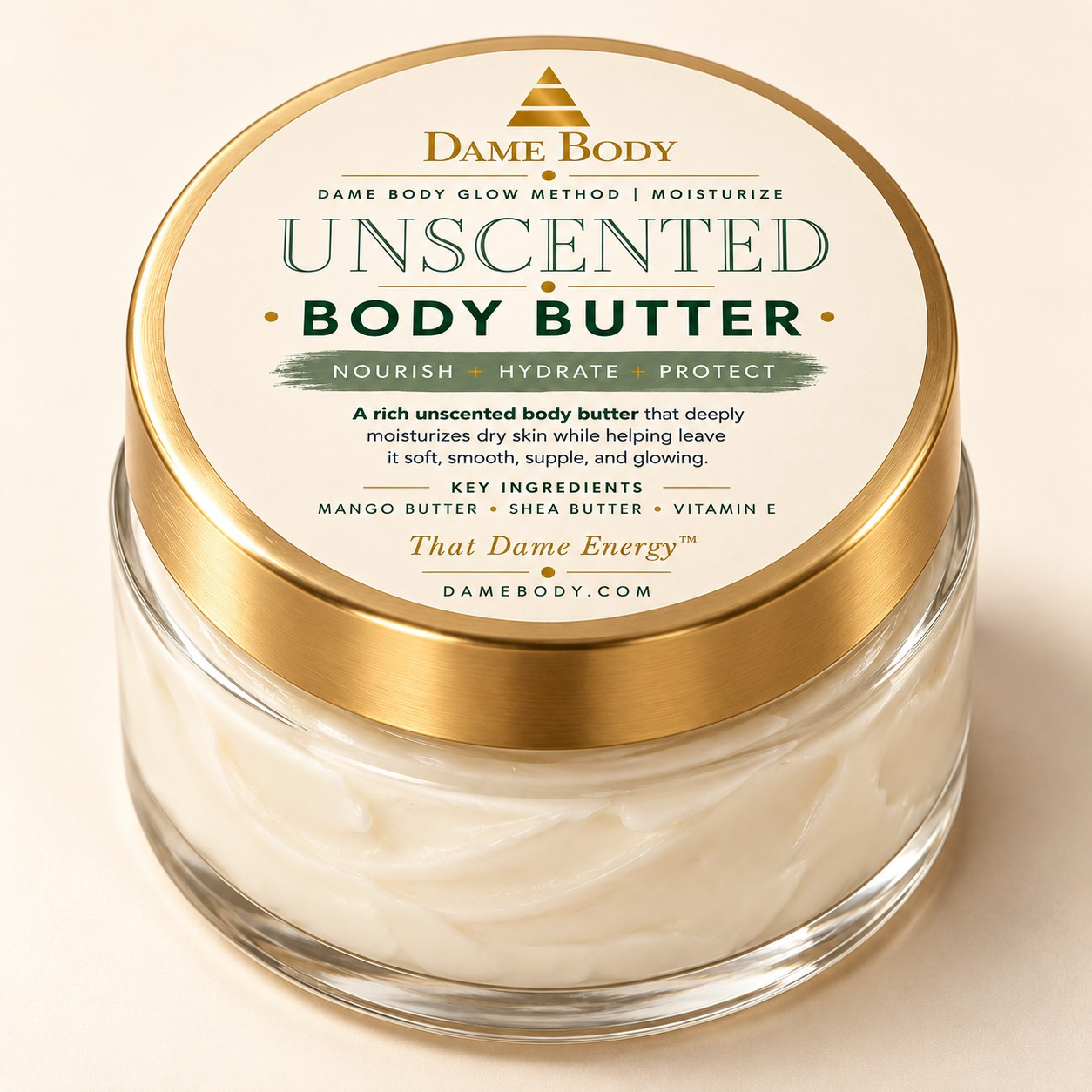 Unscented Body Butter in a clear glass jar with a gold lid and the approved sage green circular label.