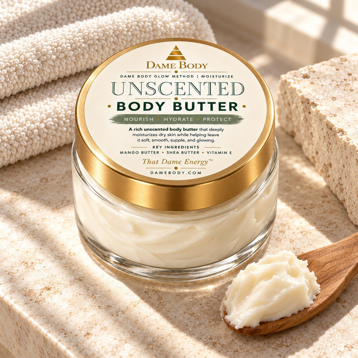 Unscented Body Butter with a folded towel and a scoop of butter, representing the rich moisture choice in the Dame Glowing Skin Method.