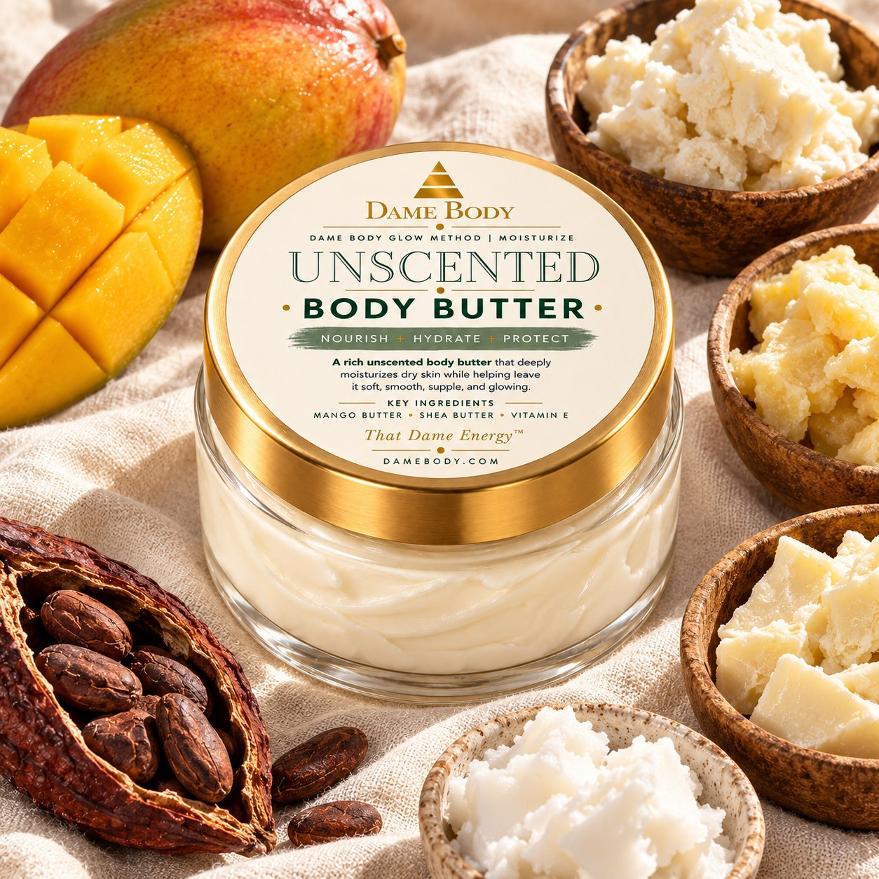 Unscented Body Butter surrounded by mango, cocoa and bowls of raw plant butters.