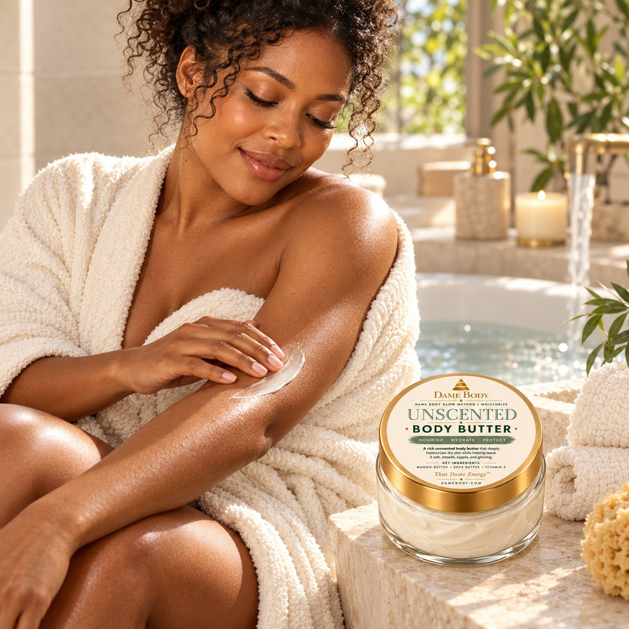 Black woman gently applying Unscented Body Butter to her forearm in a sunlit bath setting.