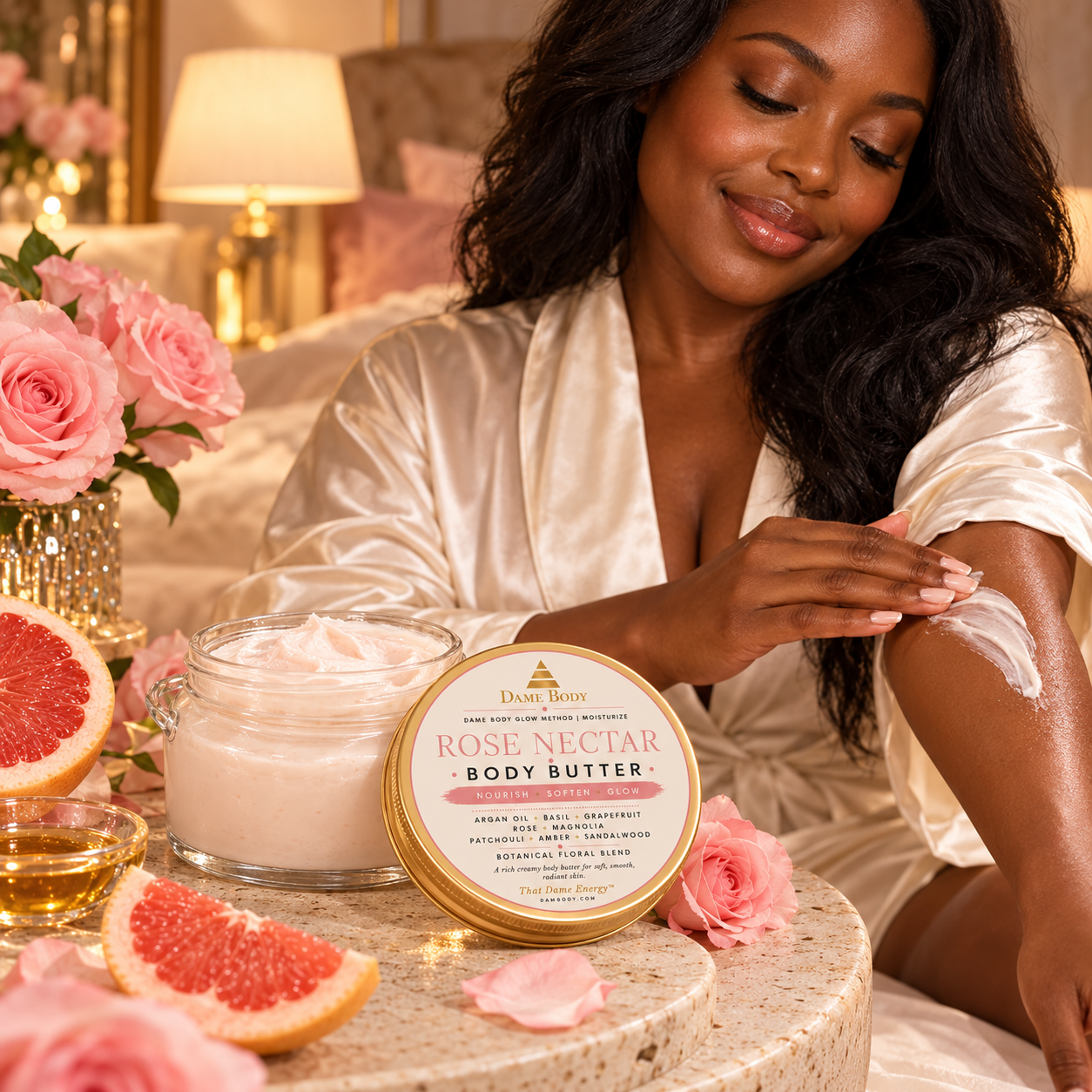 Dame gently smoothing Rose Nectar Body Butter onto her arm beside its rose-pink labeled gold lid, roses and grapefruit.