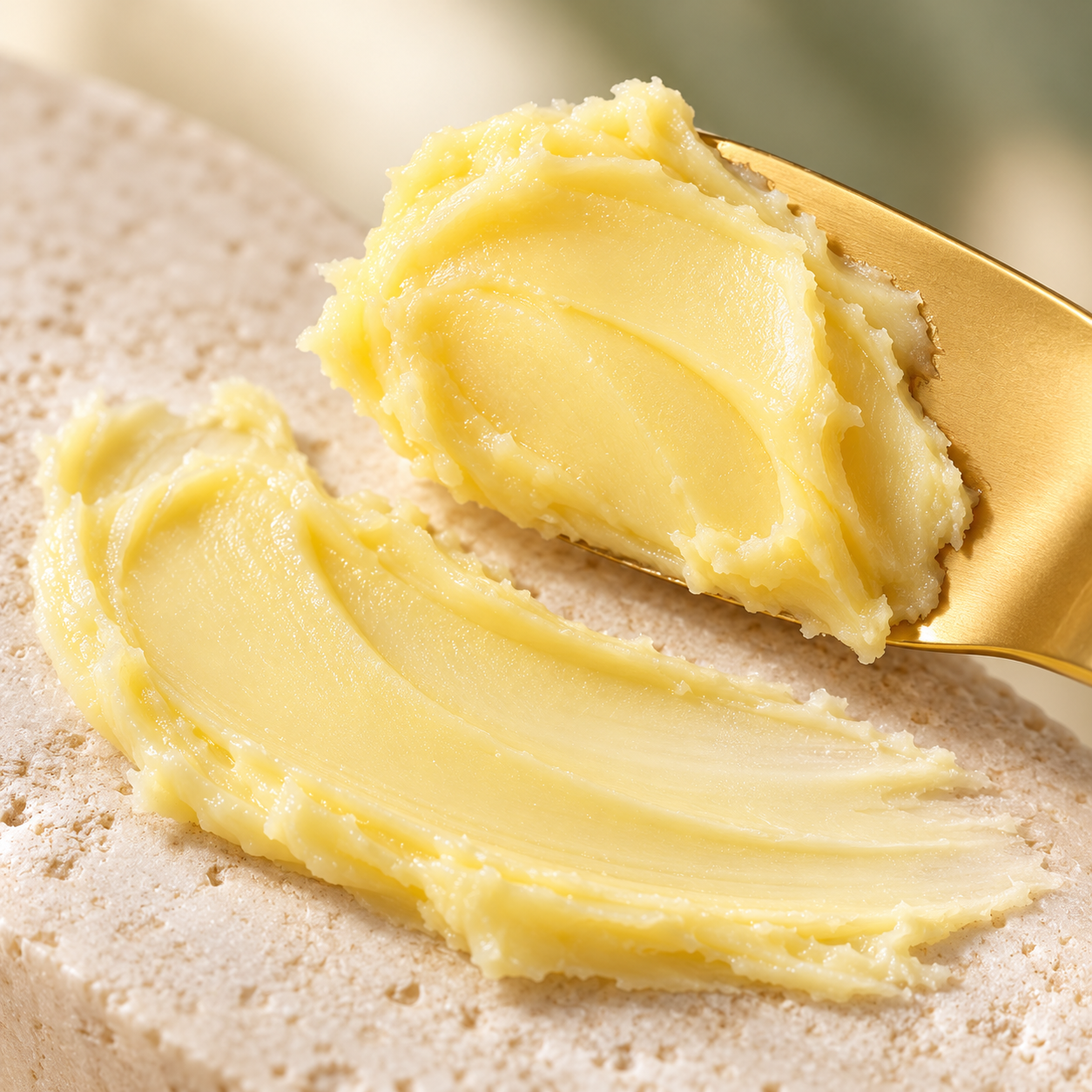 Dense pale yellow Sunscreen Butter texture on a gold cosmetic spatula