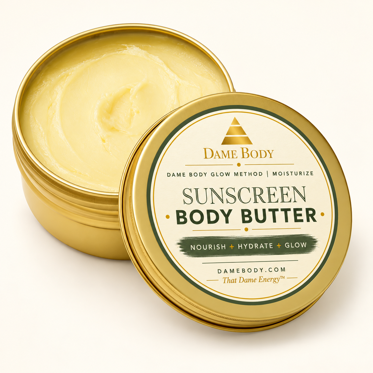 Sunscreen Body Butter in its gold tin with the approved cream, sage and gold Dame Body label