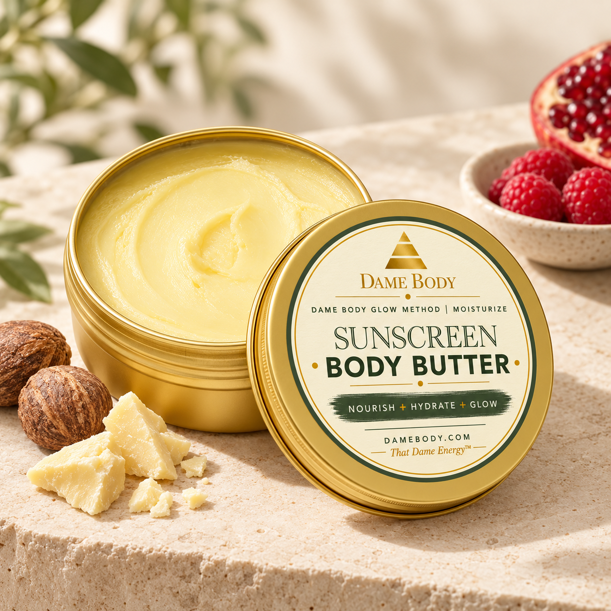 Sunscreen Butter gold tin with shea nuts, cocoa butter, raspberries and pomegranate