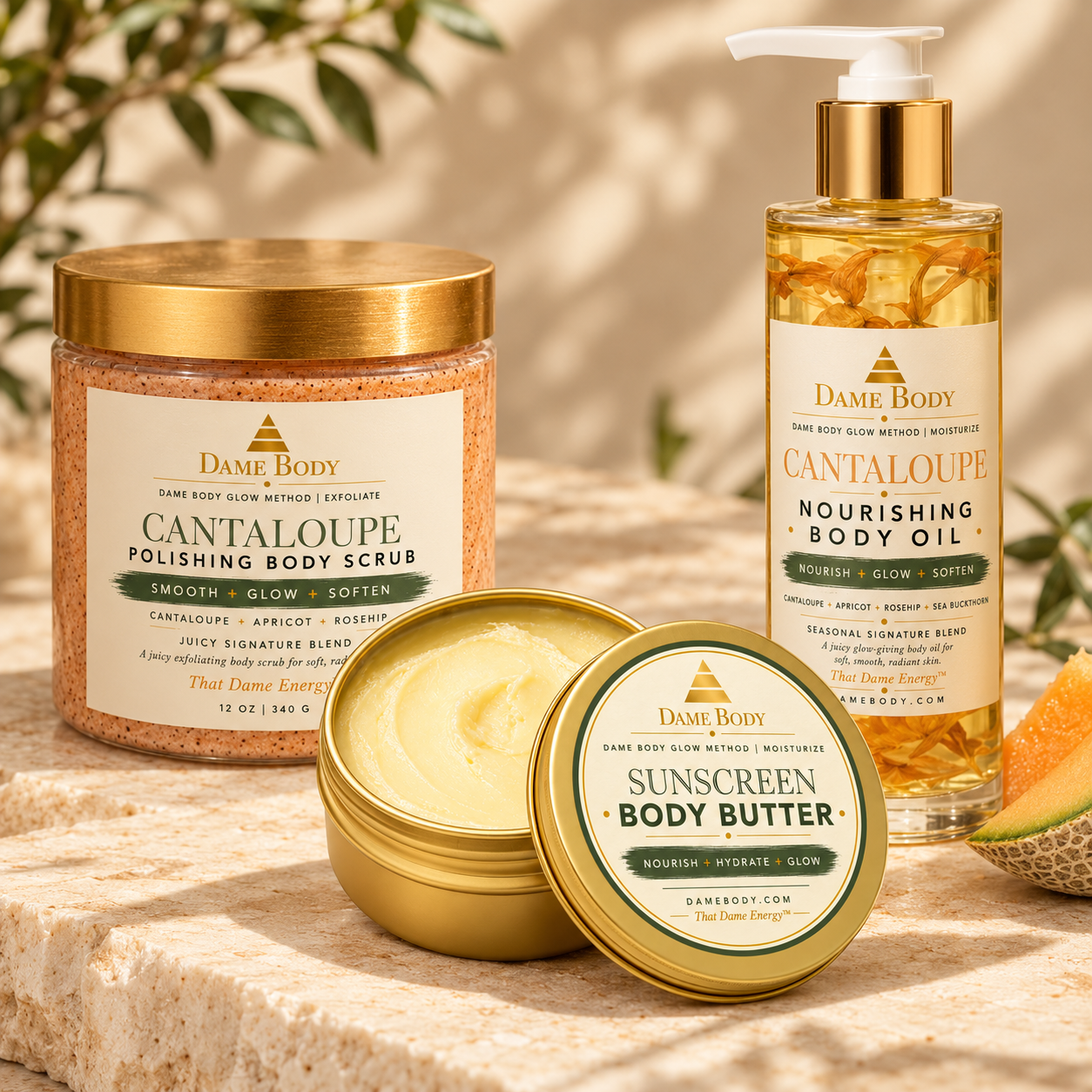 Sunscreen Butter with Cantaloupe Body Scrub and Cantaloupe Nourishing Body Oil