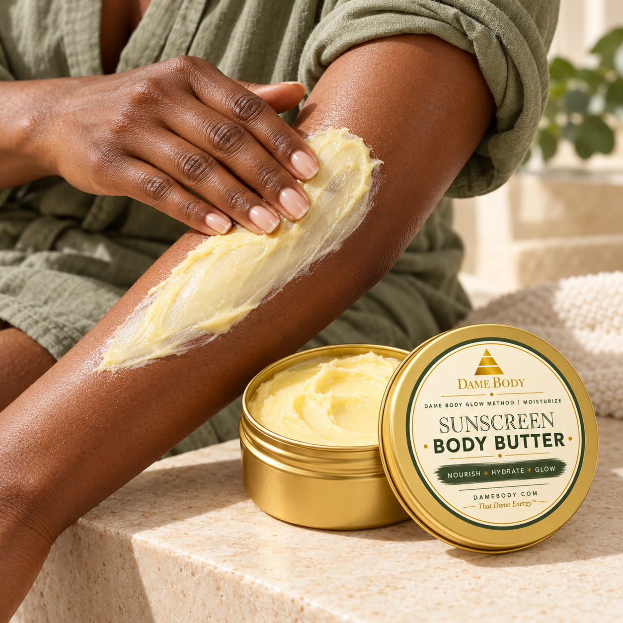 Sunscreen Butter being spread generously over clean body skin