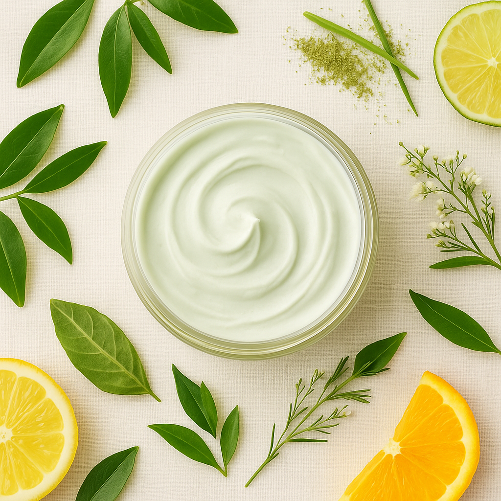 Serenity body butter viewed from above with citrus slices and green botanical leaves.