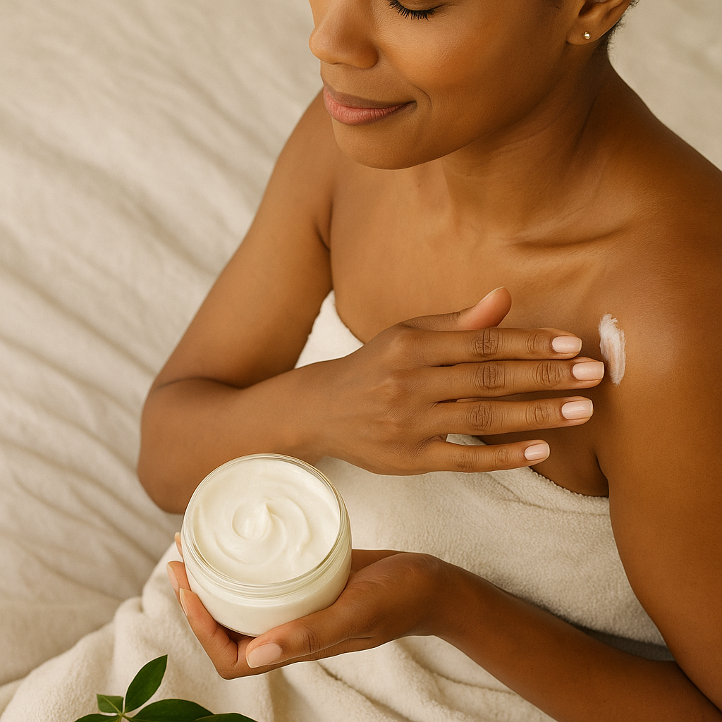 Dame gently applying Serenity Green Tea Body Butter to her arm.