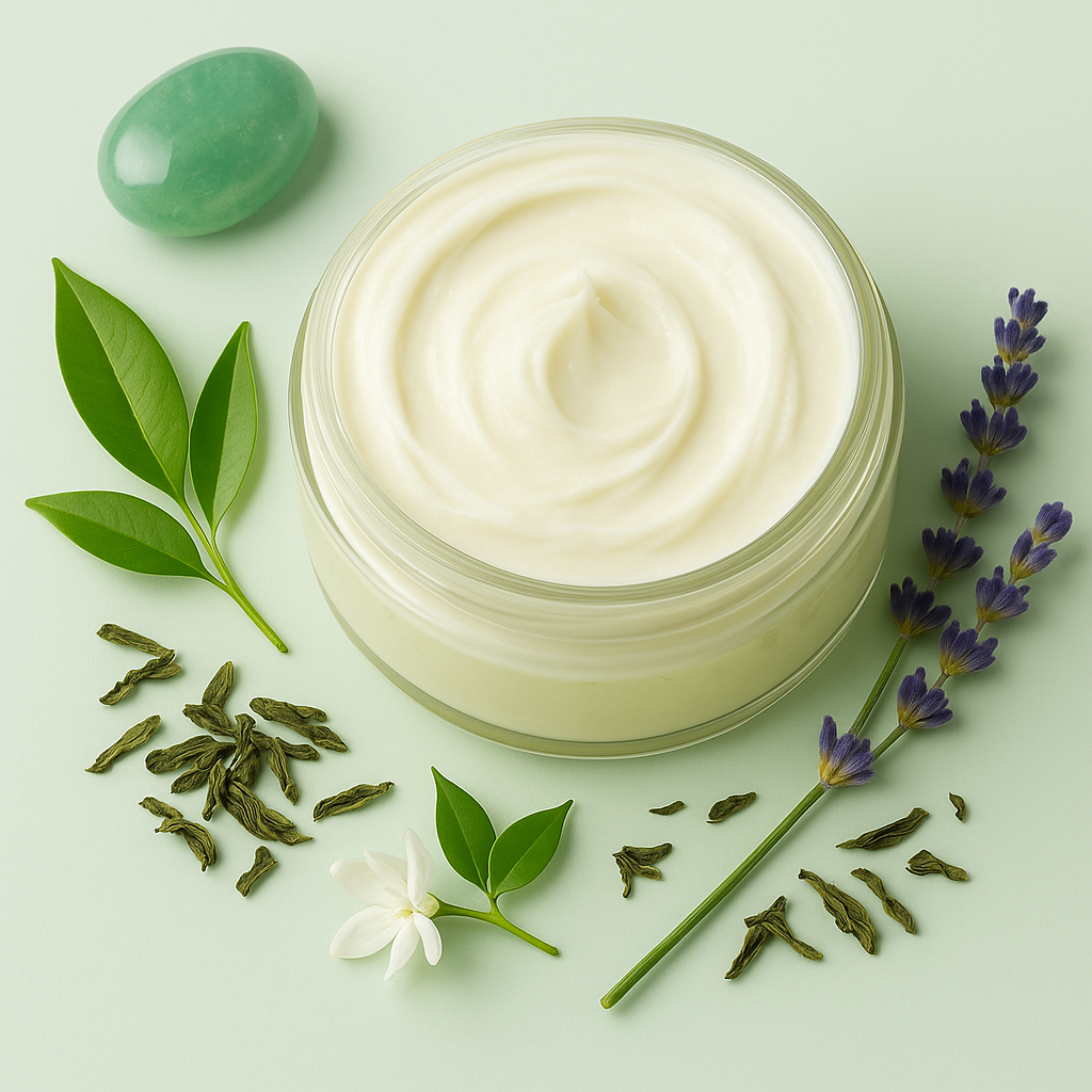 Open Serenity Green Tea Body Butter with green stones and botanicals in an overhead ritual scene.