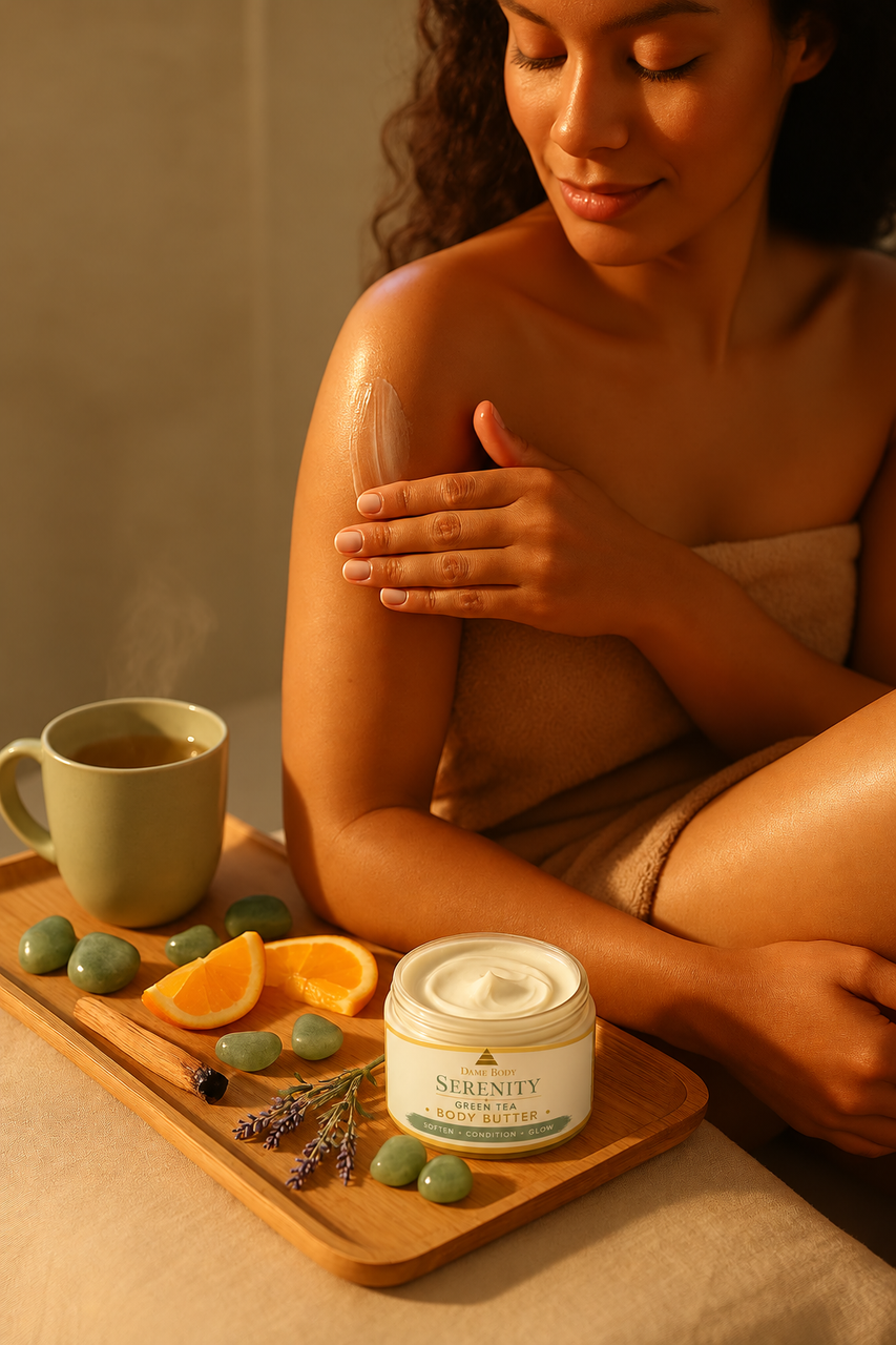 Dame gently applying Serenity Green Tea Body Butter beside tea, botanicals and the current pale-green labeled jar.