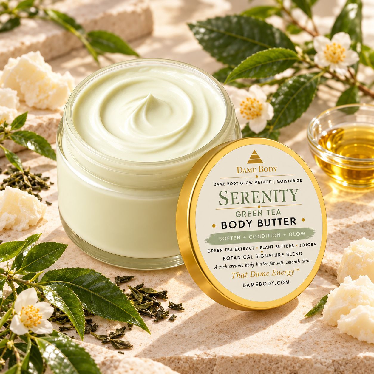 Serenity Green Tea Body Butter with its sage-and-gold Dame Body lid beside whipped butter, green tea leaves, tea blossoms and golden jojoba oil.