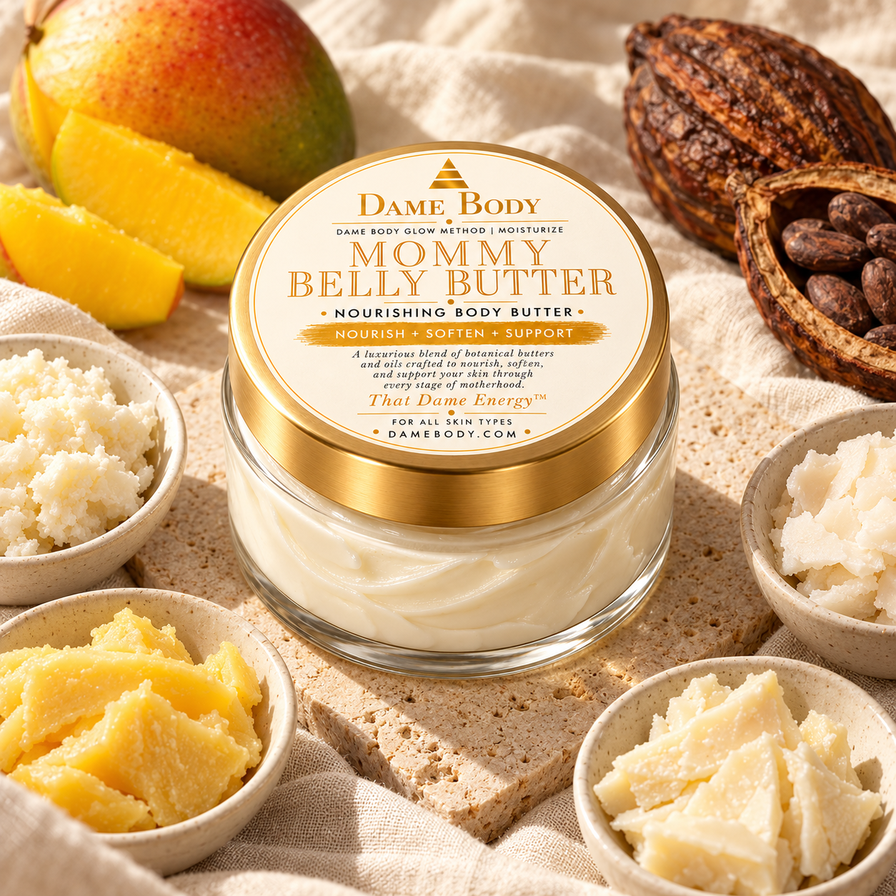 Mommy Belly Butter beside mango, cocoa and small bowls of plant butters.