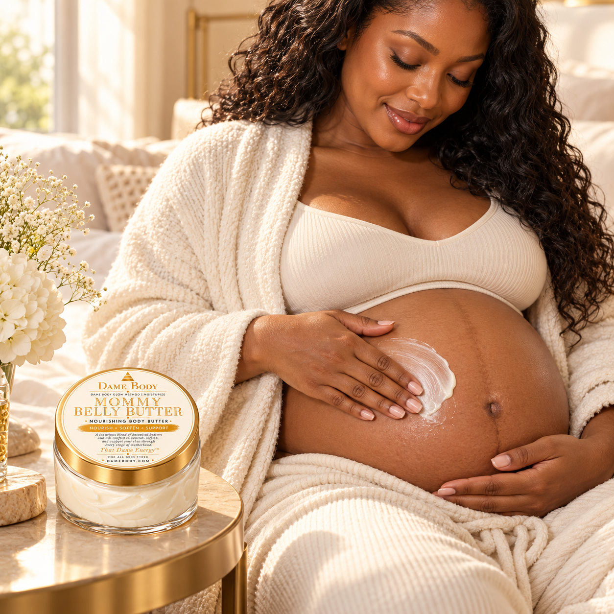 Pregnant Black woman gently applying Mommy Belly Butter to her belly beside the current-label jar.