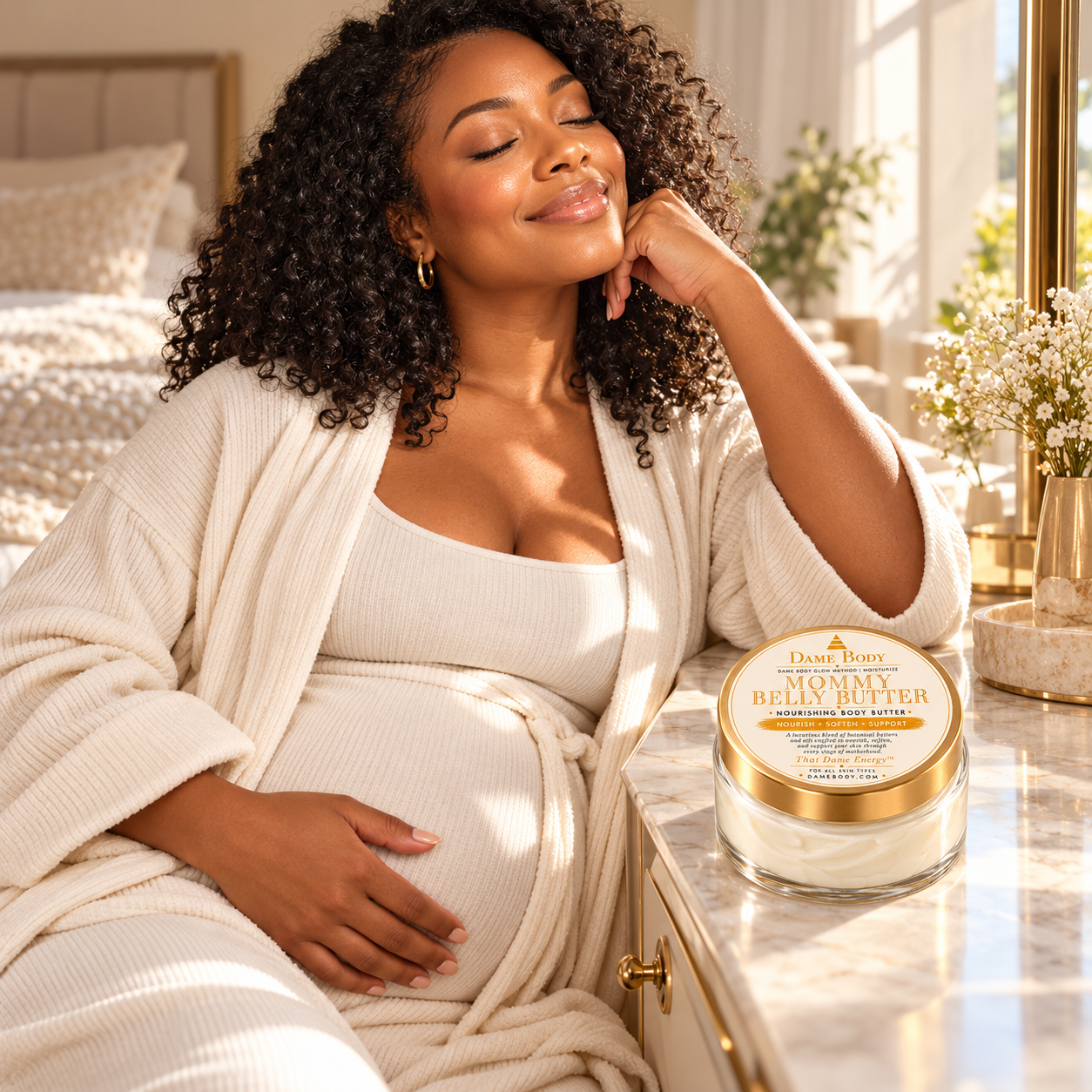 Black woman resting comfortably at a sunlit vanity beside Mommy Belly Butter.