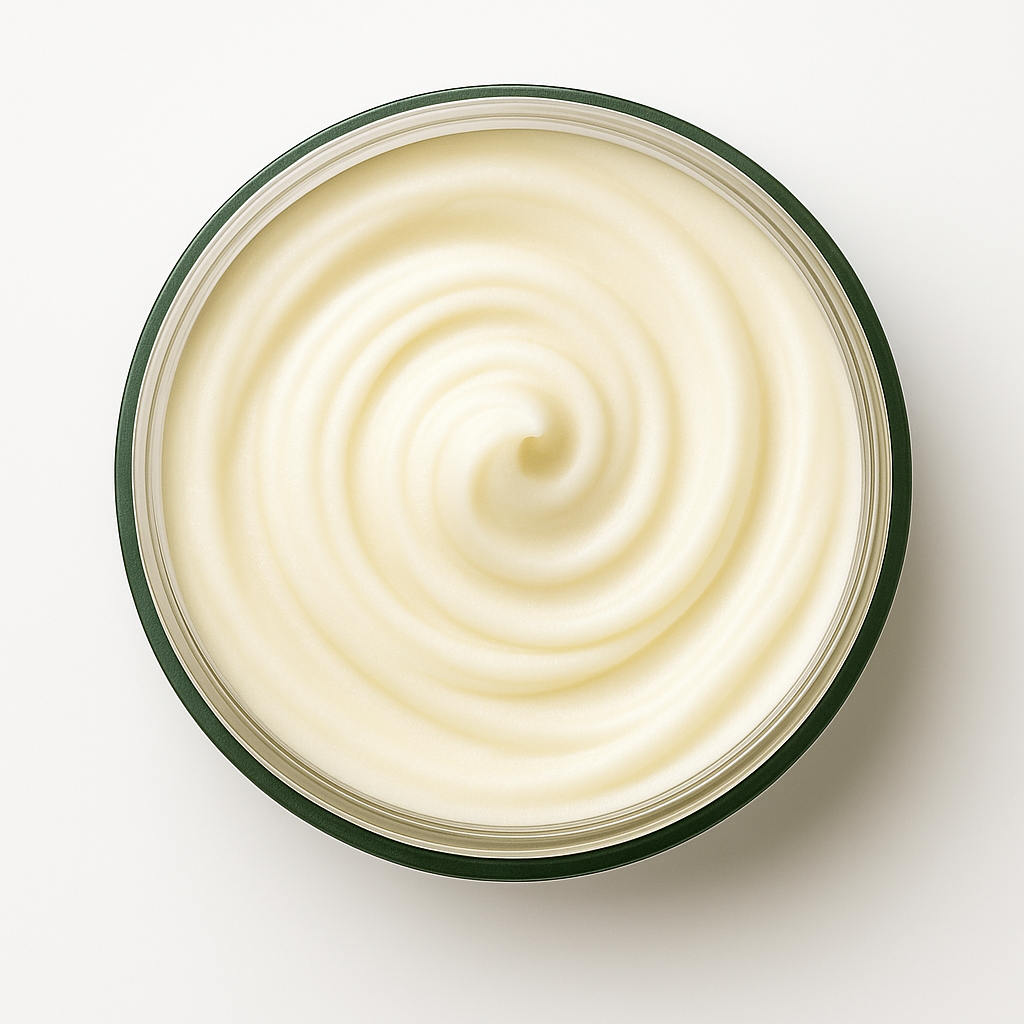 Close view of the rich ivory Nourishing Eczema Butter swirl in an open glass jar.