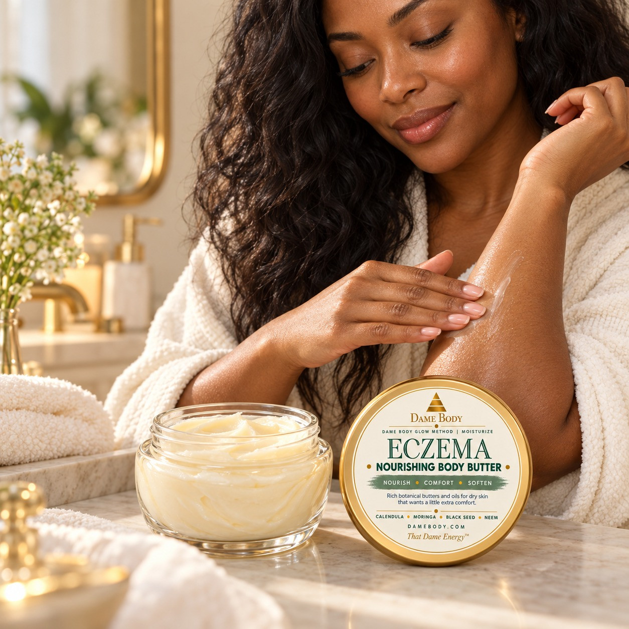 A Black woman gently smooths a small amount of Nourishing Eczema Butter onto her forearm beside the current labeled jar.