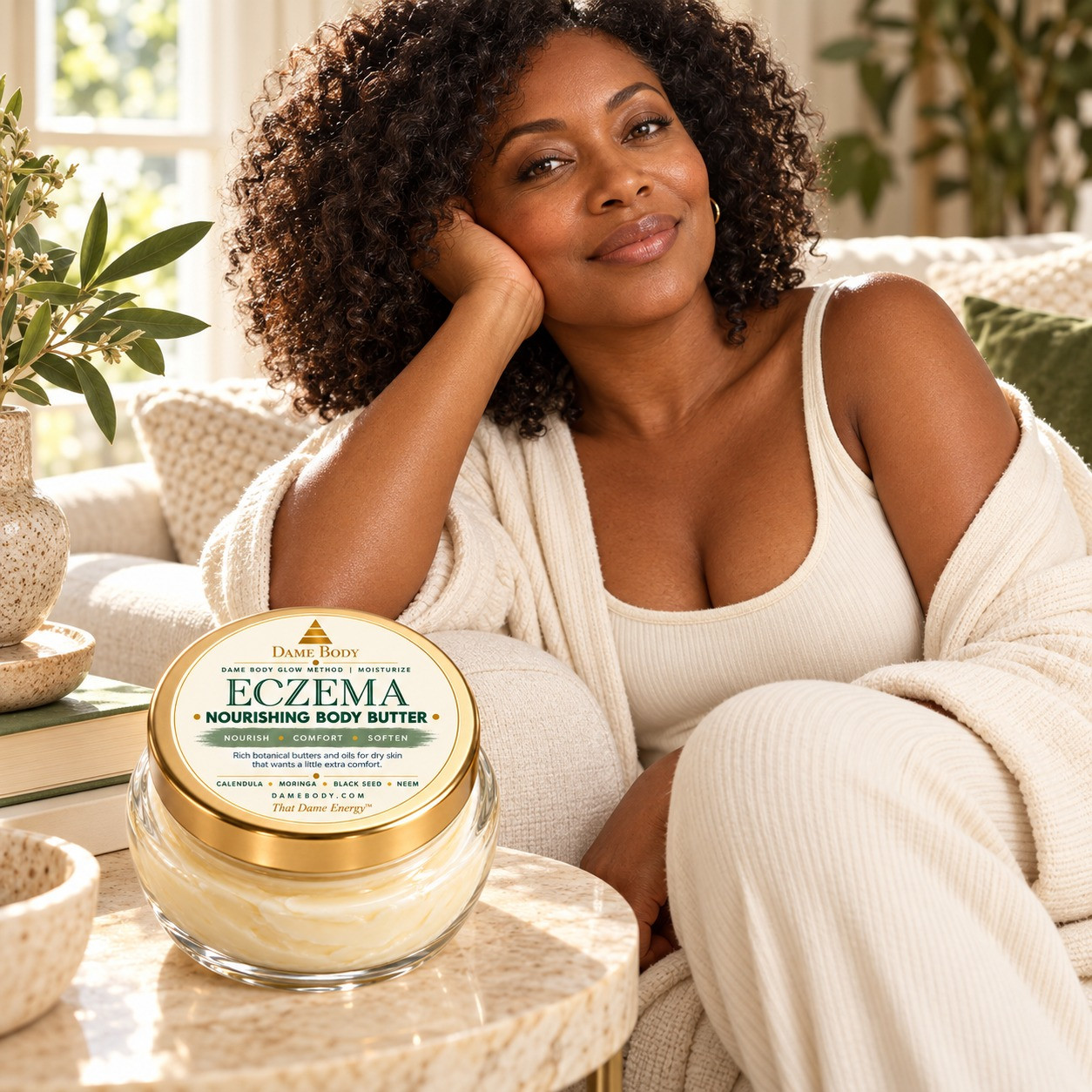 A Black woman enjoys a quiet evening ritual beside current-label Nourishing Eczema Body Butter.