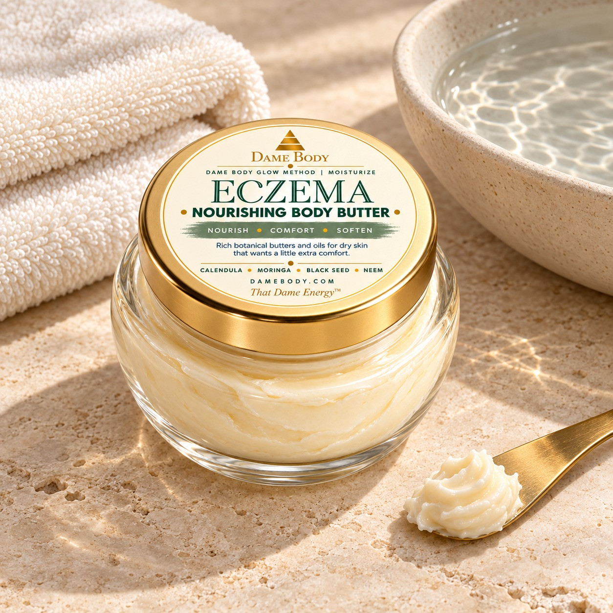 Current-label Nourishing Eczema Butter beside a soft towel, water basin and small butter scoop for the moisture step.