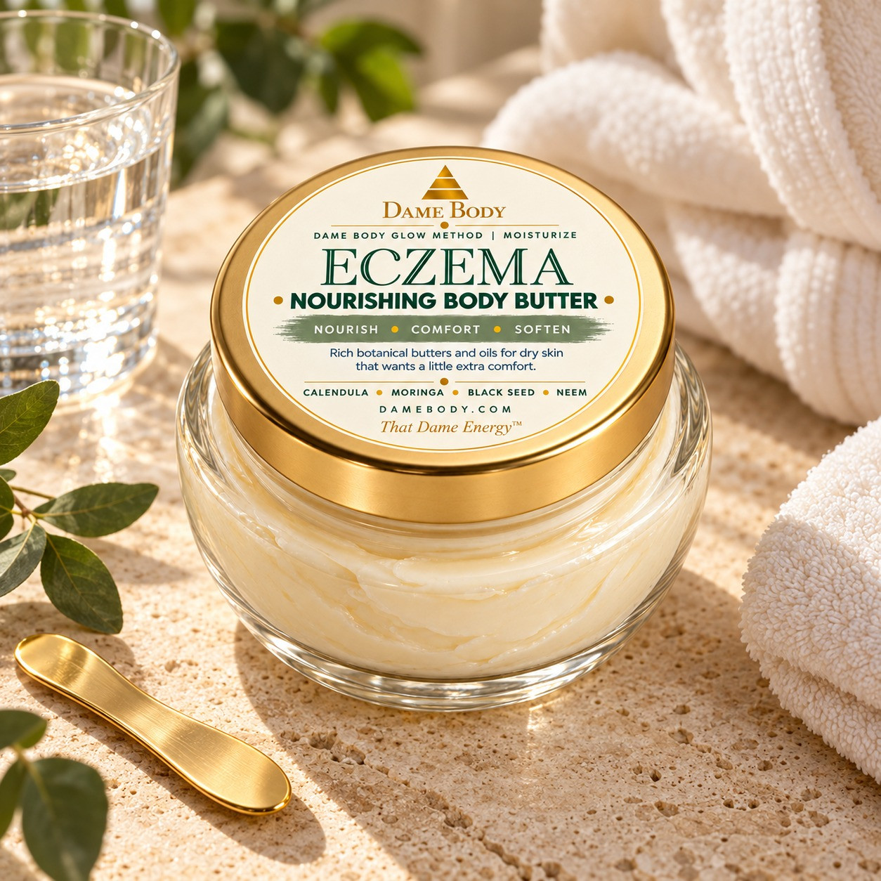 Nourishing Eczema Butter with linen, a water glass and gold spatula for a simple moisture ritual.