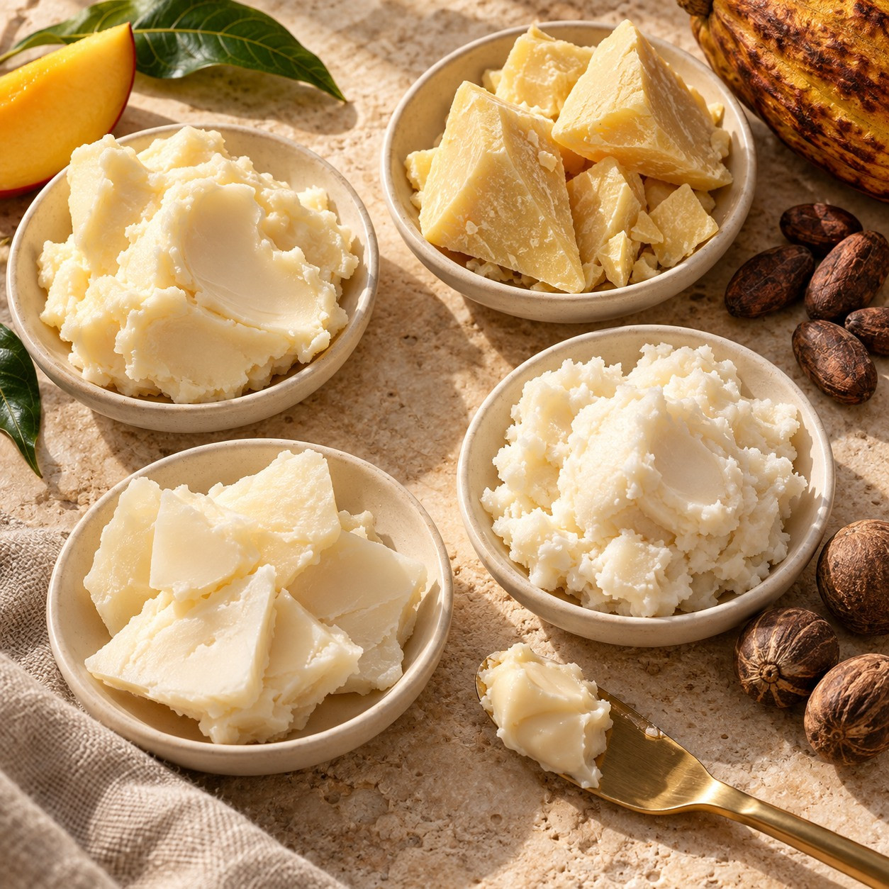 Four dishes of mango, cocoa, shea and kokum butter textures with a gold spatula, mango, cocoa beans and shea nuts.