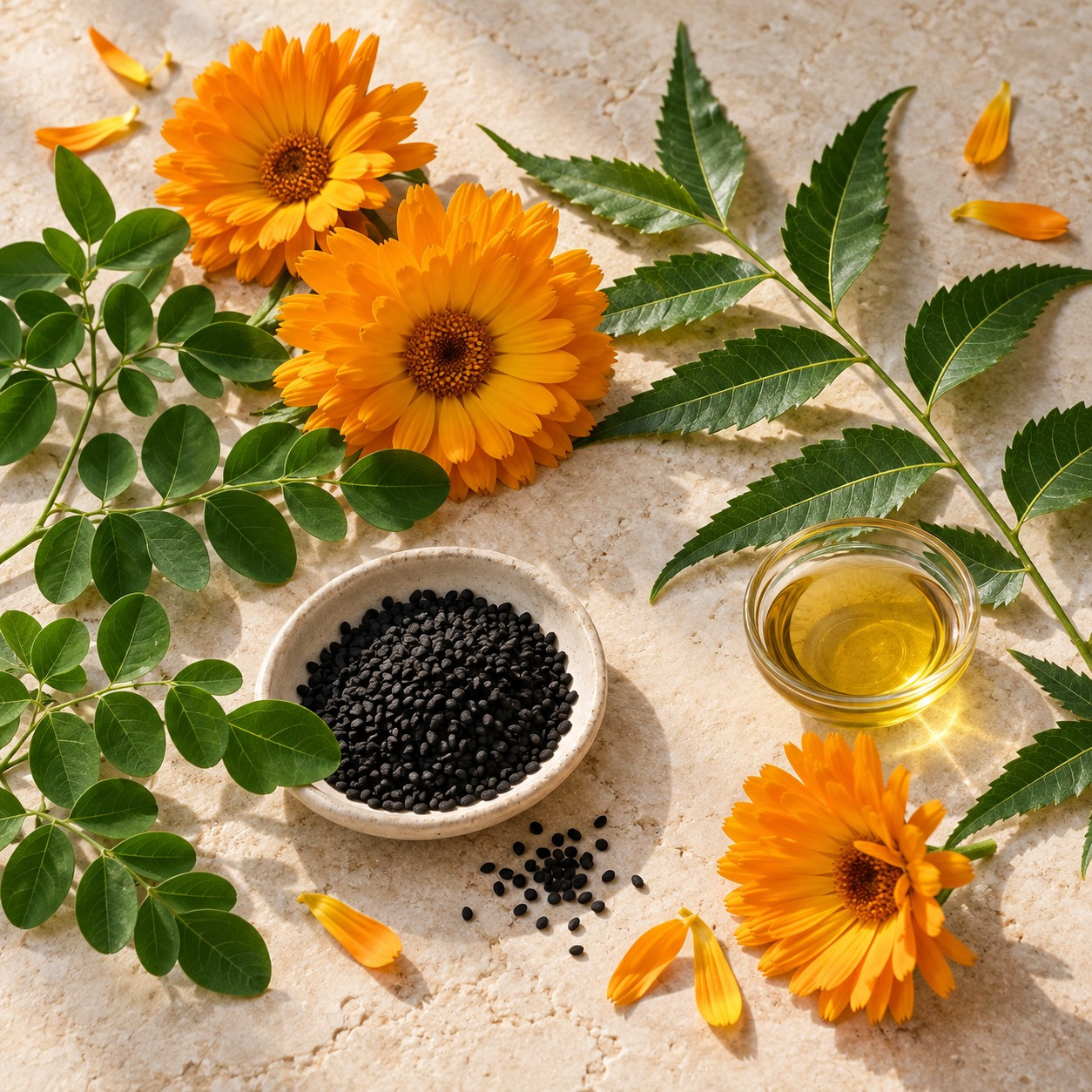 Calendula flowers, moringa leaves, black seeds, neem leaves and golden oil on warm ivory stone.