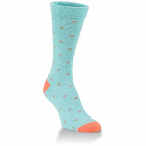 A cute pair of socks with orange polka dots on a blue background