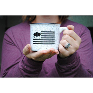 This Buffalo flag ceramic camping mug shows your hometown pride no matter where the road takes ya. This Buffalo flag ceramic camping mug shows your hometown pride no matter where the road takes ya.