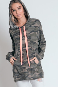 Camo and Coral, yes please! This lighweight hoodie is a year-round must. Pair it with your favorite jeans or shorts on a cool summer night. The pop of coral at the strings makes this top sing! Fits true to size. Camo and Coral, yes please! This lighweight hoodie is a year-round must. Pair it with your favorite jeans or shorts on a cool summer night. The pop of coral at the strings makes this top sing! Fits true to size.