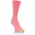 A cute pair of socks with dark pink polka dots on a light pink background