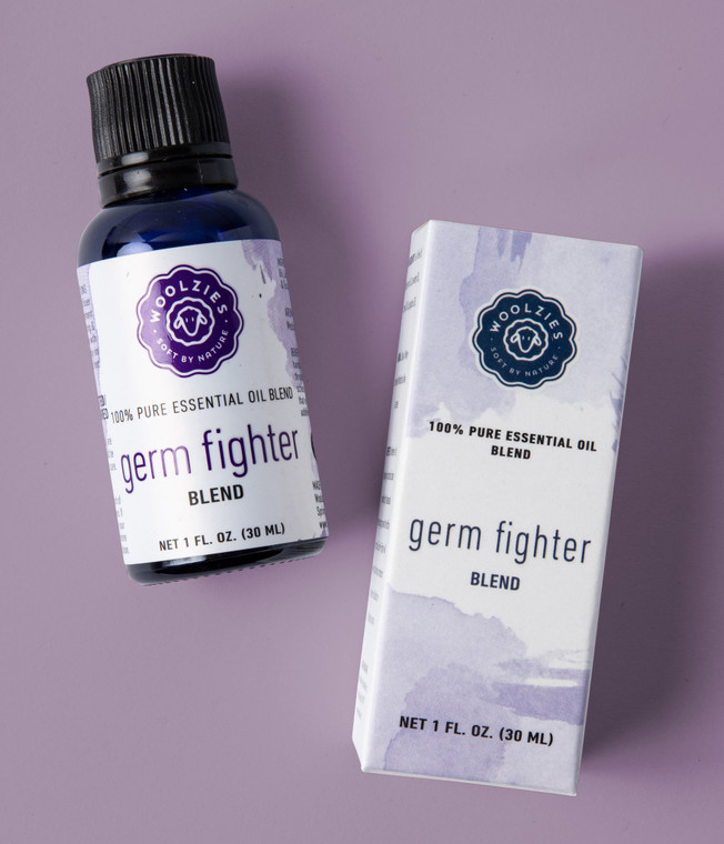 Woolzies Germ Fighter Oil Blend is an antimicrobial oil with a fresh minty scent that boosts immunity. It contains tea tree, peppermint, lavender, thyme, and eucalyptus essential oils. This blend can be diffused, inhaled, applied topically, and used in cleaning.