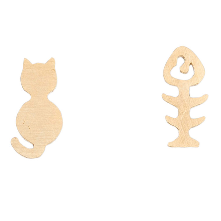 Nickel Free Gold Kitty and Bone Stud Earrings