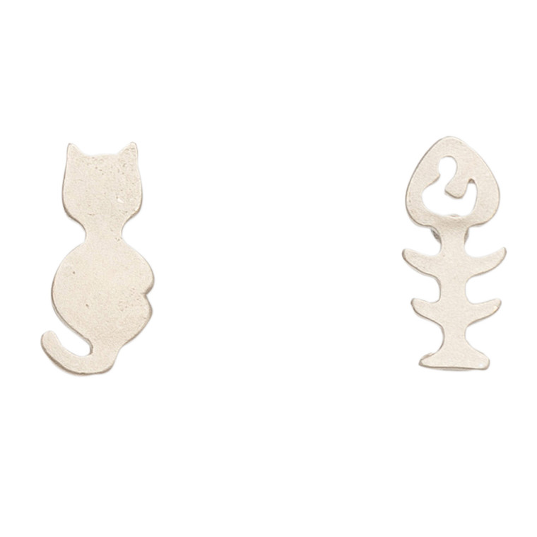 Nickel Free Silver Kitty and Bone Stud Earrings