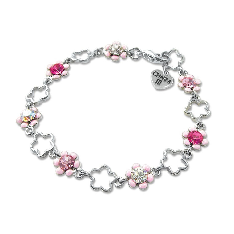 Silver Charm Bracelet with pink flowers and gems

- one size fits all