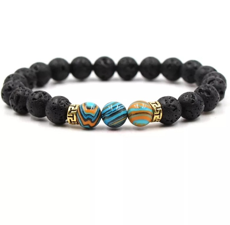 Lava stone accented with turquoise and salmon orange marbled beads. Easily apply your favorite essential oils directly to the porous lava stone bead and have your favorite scents on the go! Easy to wear, slide-on style elastic bracelet looks great by itself or stacked up with your other favorite bracelets.