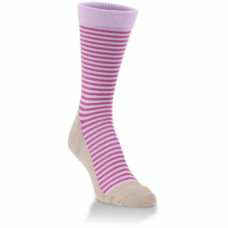 A cute pair of socks with purple and light purple stripes.