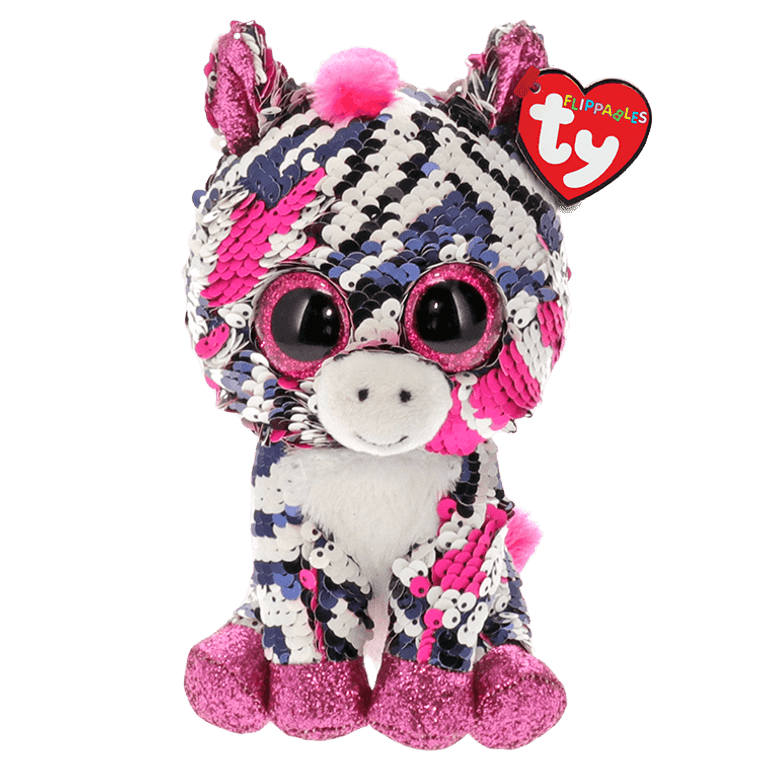 Zounds! It's Zoey the zebra, all decked out in her new sparkle attire! Covered in shimmering, reversible sequins, Zoey is ready to change her outfit with the sweep of your hand. Add her to your Flippables collection today!

BIRTHDAY:

April 18

POEM:

Hello...I am Zoey, Africa is my home
My zig zag stripes keep me safe as I roam!
